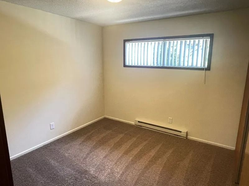 Empty beige carpeted room with a small horizontal window and baseboard heater.