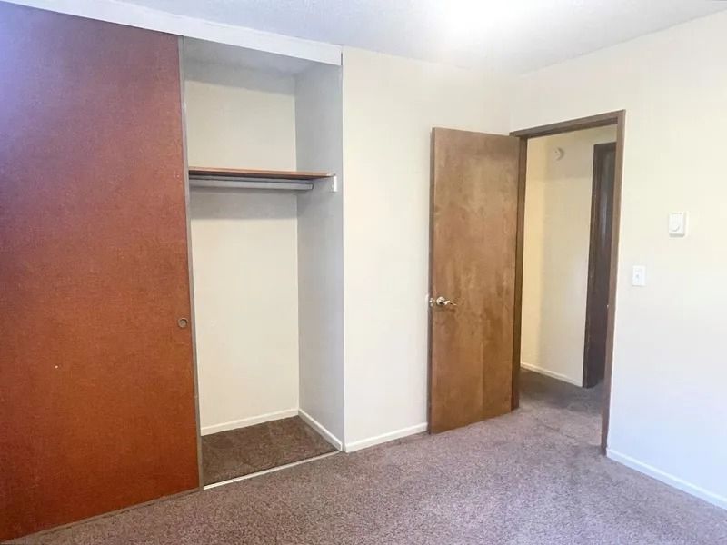 Empty bedroom with open closet and two wooden doors on beige walls and carpeted floor