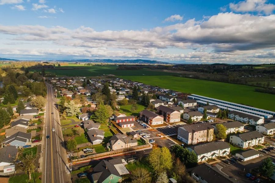 Aerial view of a suburban neighborhood beside green fields under a cloudy sky