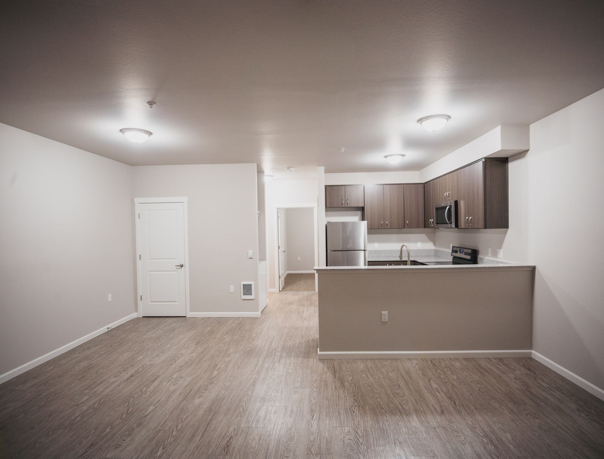 Empty modern apartment with open kitchen, gray walls, wood floors, and ceiling lights