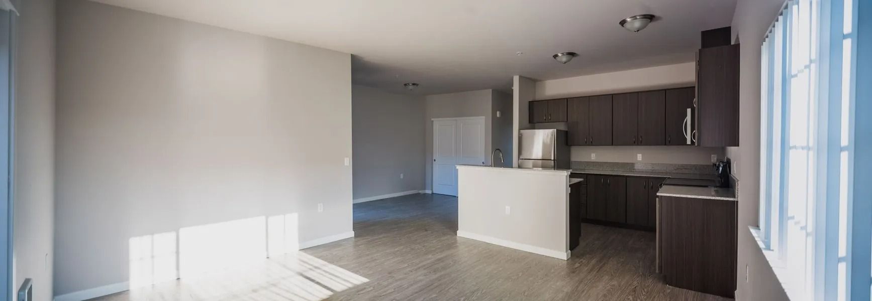 Empty modern kitchen and living area with white walls, dark cabinets, and sunlight on the floor