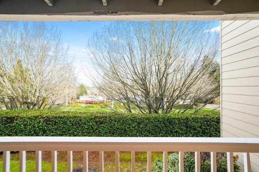 Porch view of a green hedge, leafless trees, and a distant red building under a blue sky