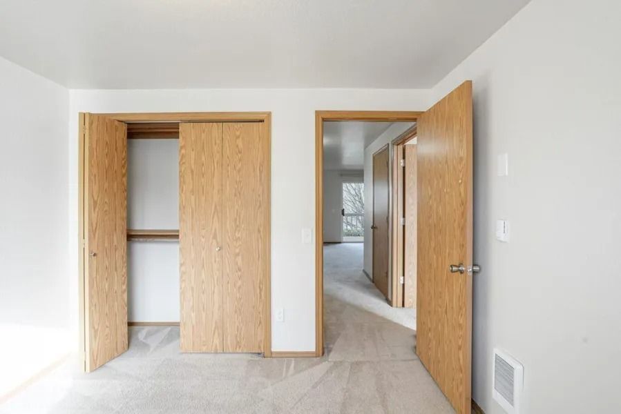Bright empty room with closet, open door, and carpeted hallway beyond