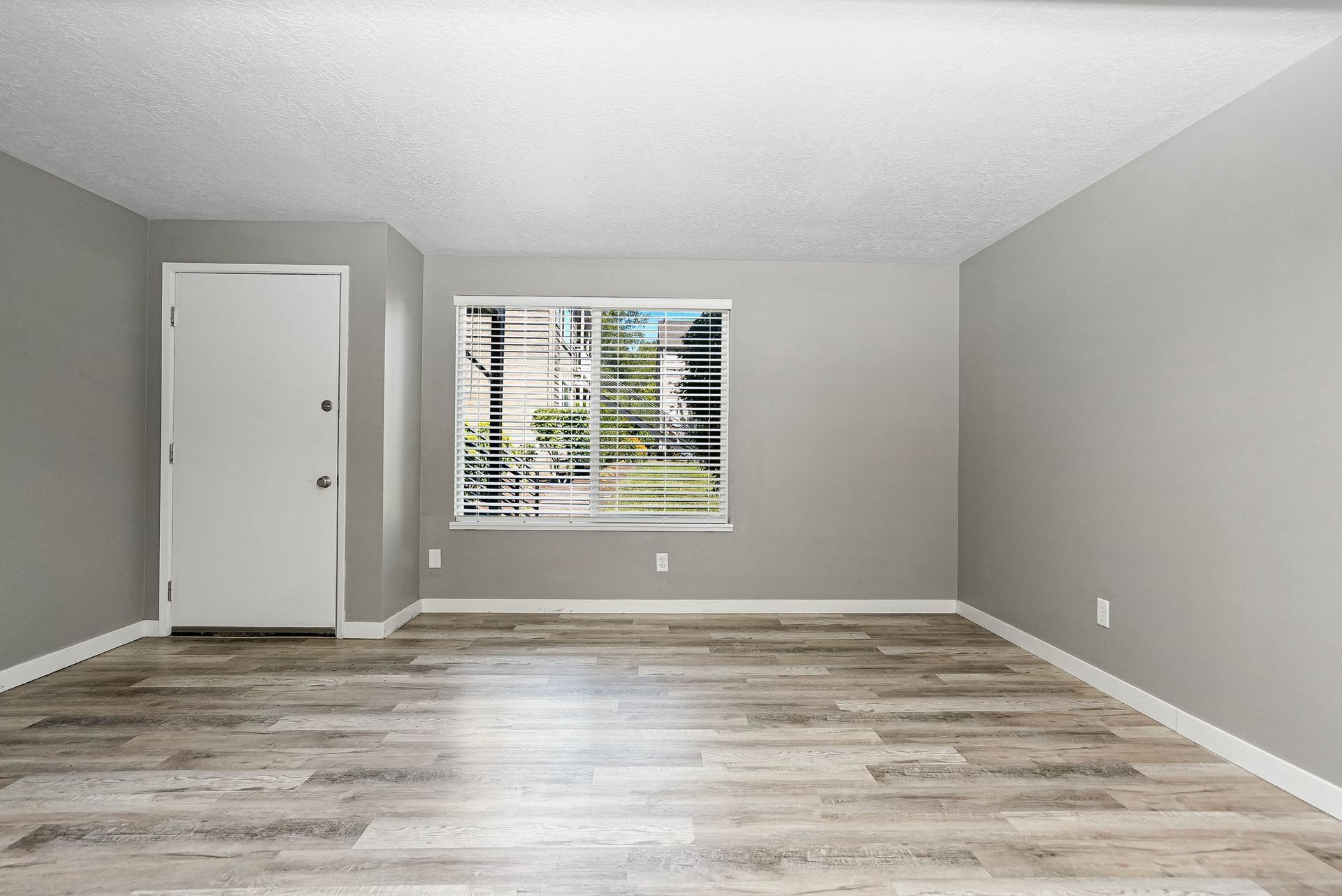 Empty gray living room with wood-look floor, window, and white door