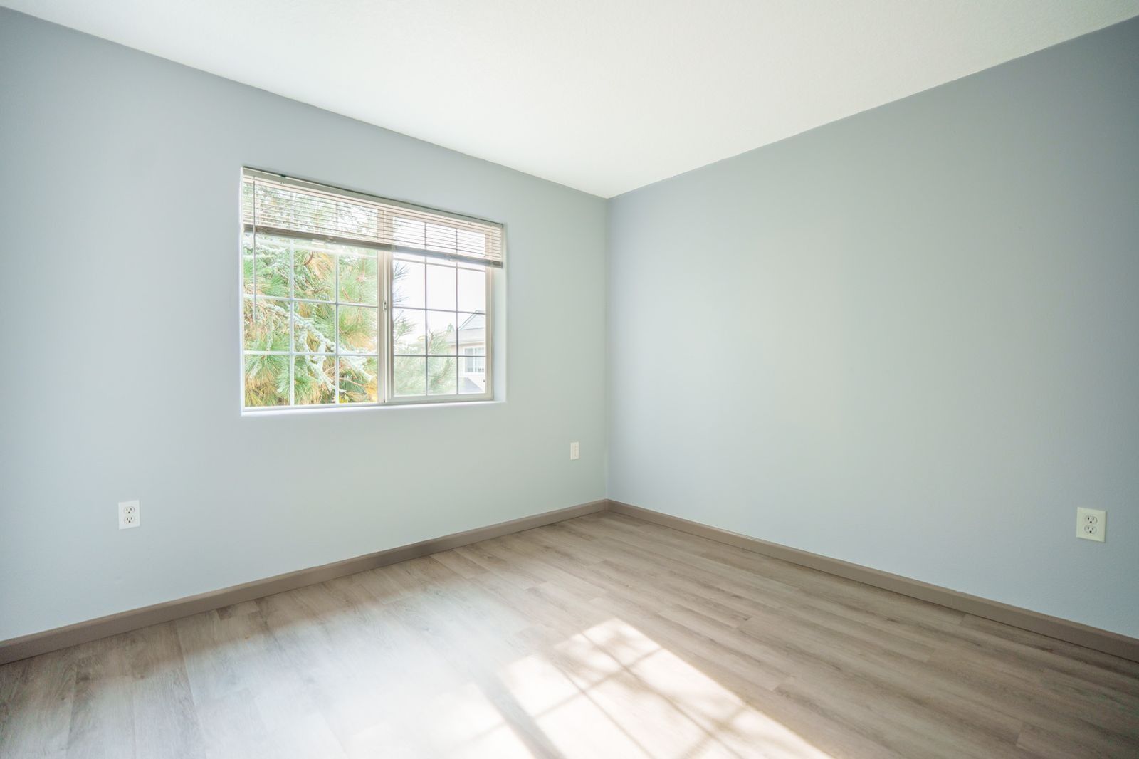 Empty light-gray bedroom with a window and wood-look flooring