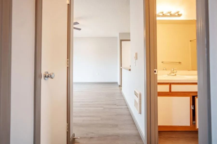 Apartment hallway with light wood floors, leading to a bright bathroom and open room beyond