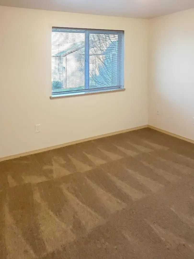 Empty beige bedroom with carpet, a window with blinds, and blue light on the wall and floor
