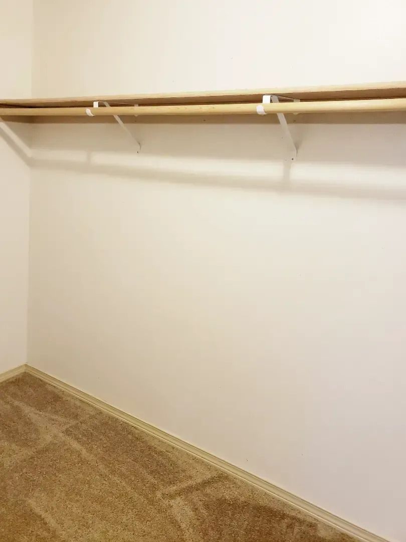 Empty closet with beige carpet, white walls, and a wooden hanging rod.