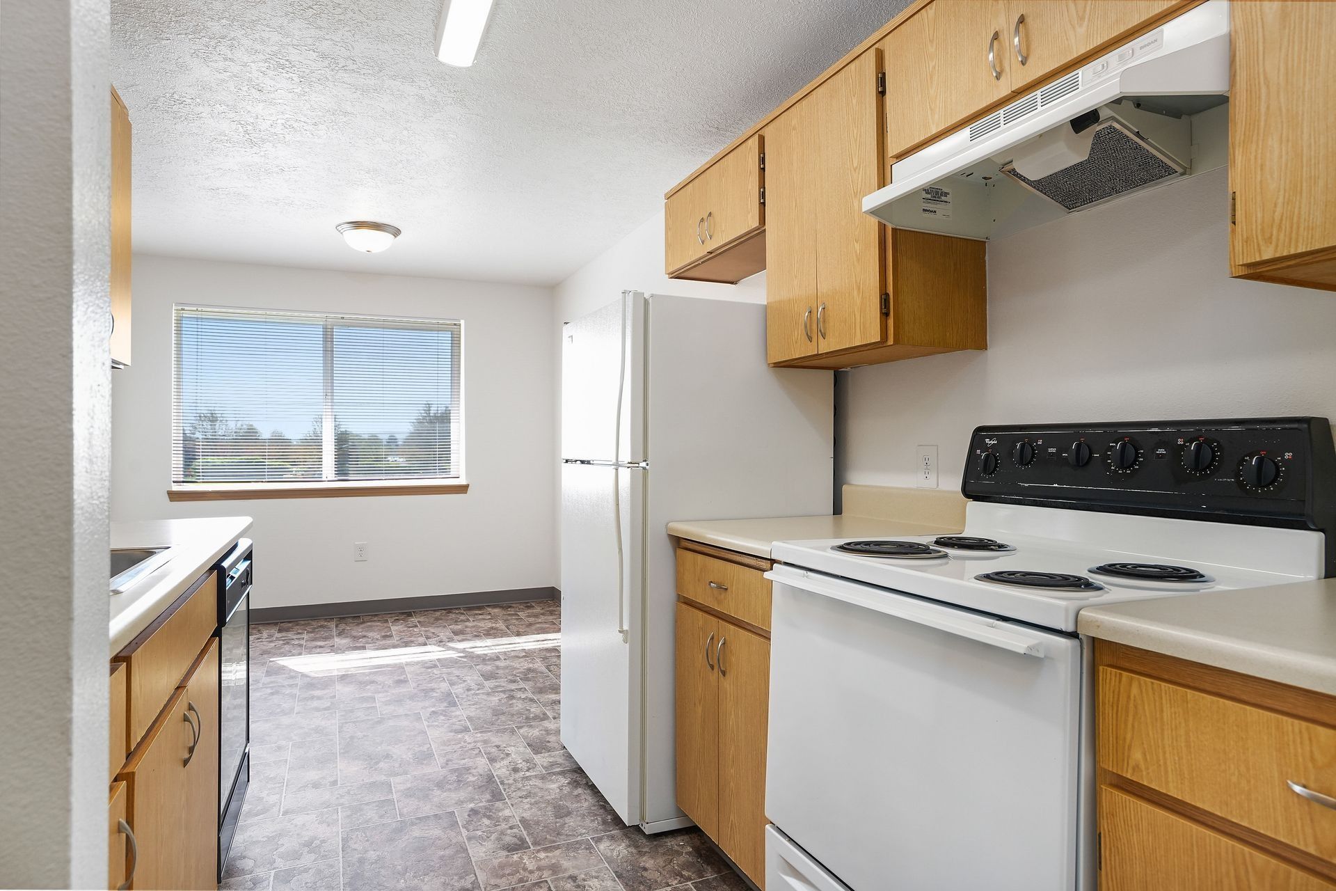 Bright kitchen with white appliances, wood cabinets, and a window over carpeted floor.