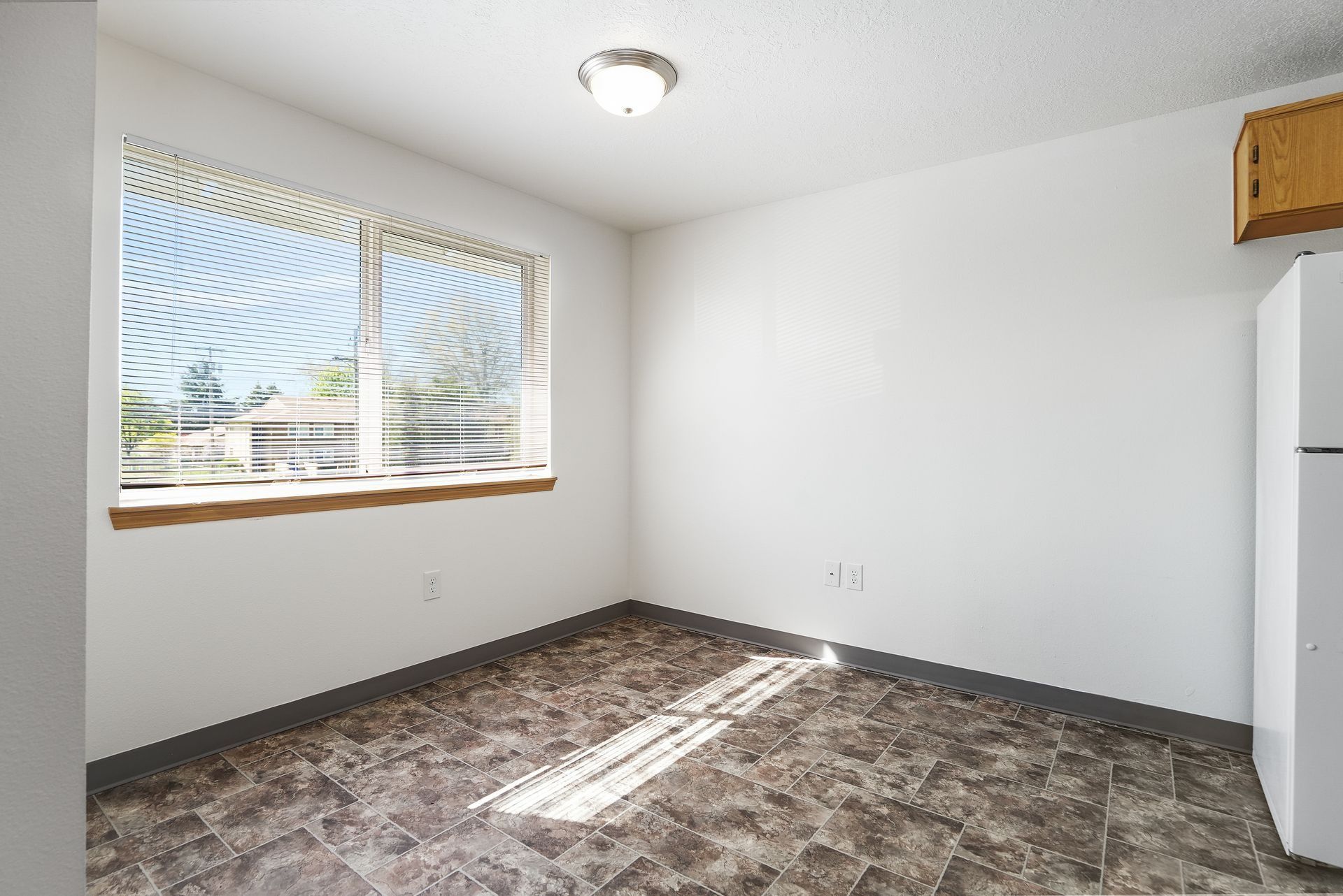 Empty white room with patterned carpet, window blinds, and sunlight on the floor