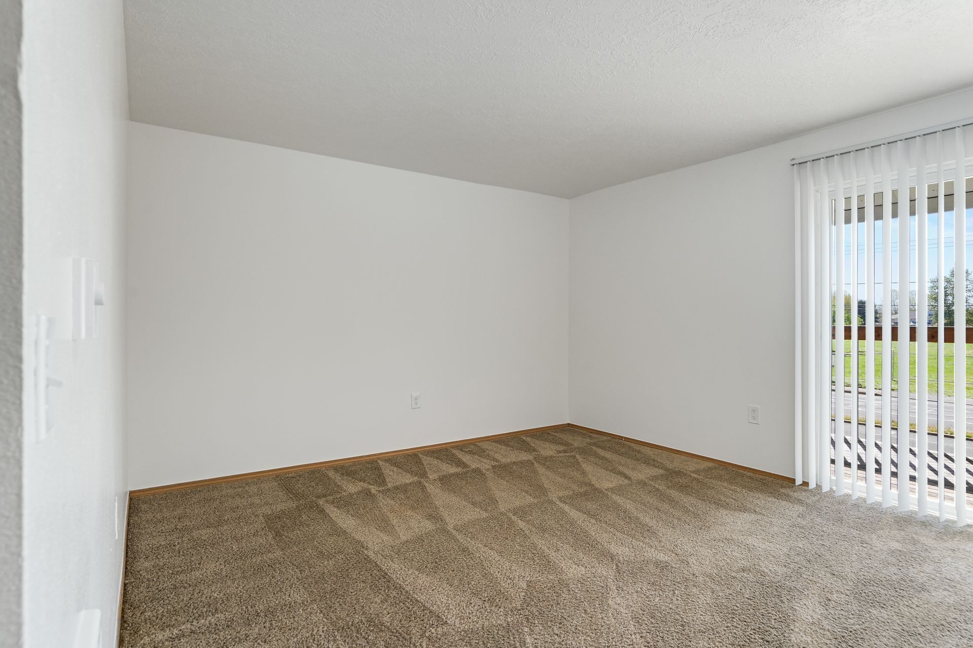 Empty beige-carpeted room with white walls and vertical blinds letting in daylight.