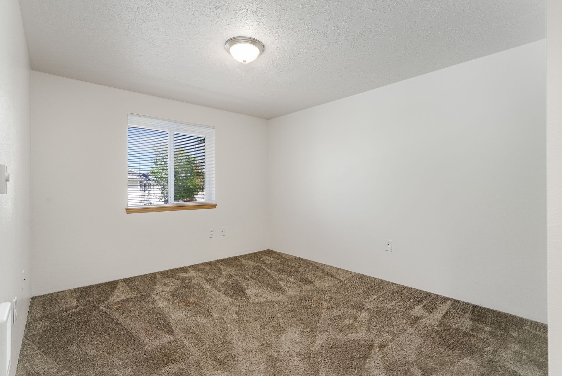Empty carpeted bedroom with white walls, a window, and ceiling light