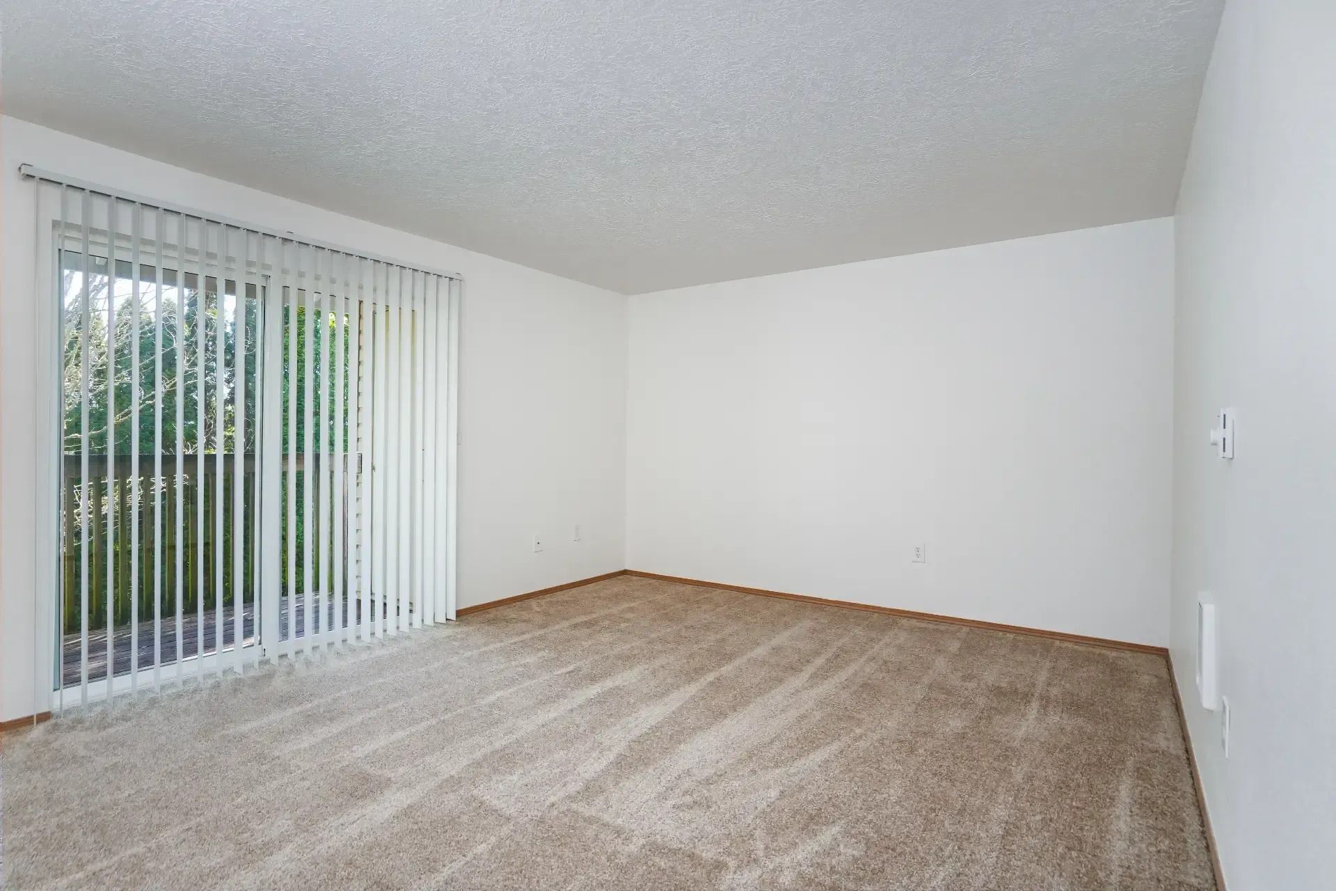Empty carpeted living room with white walls and sliding glass door with vertical blinds.