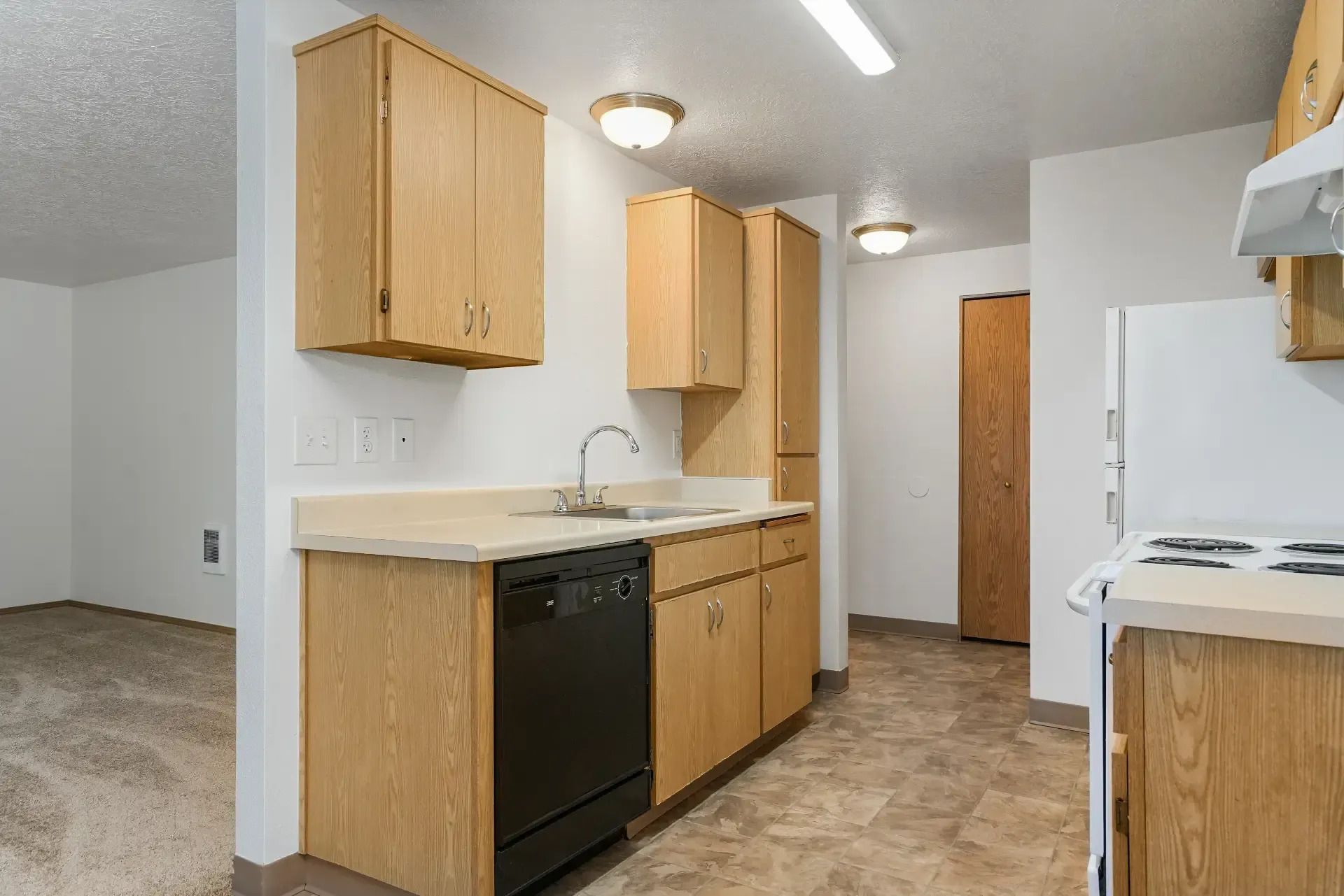 Small kitchen with wood cabinets, white countertops, black dishwasher, and beige flooring.