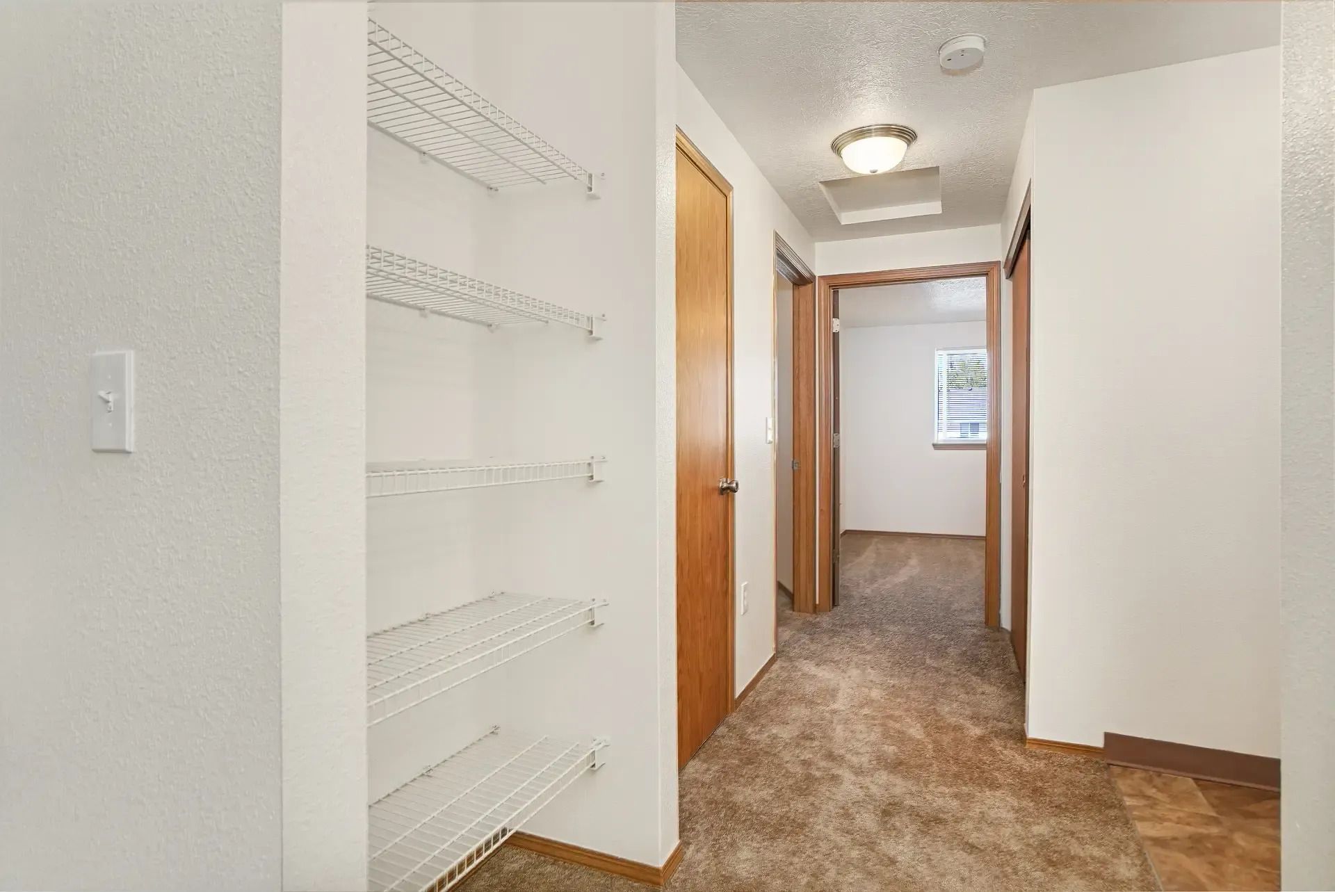 Hallway with white built-in shelves, wood doors, and beige carpet leading to a window.