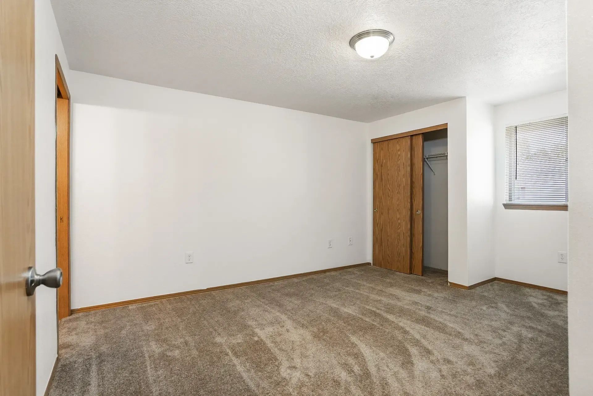 Empty beige bedroom with carpet, white walls, ceiling light, closet, and window blinds
