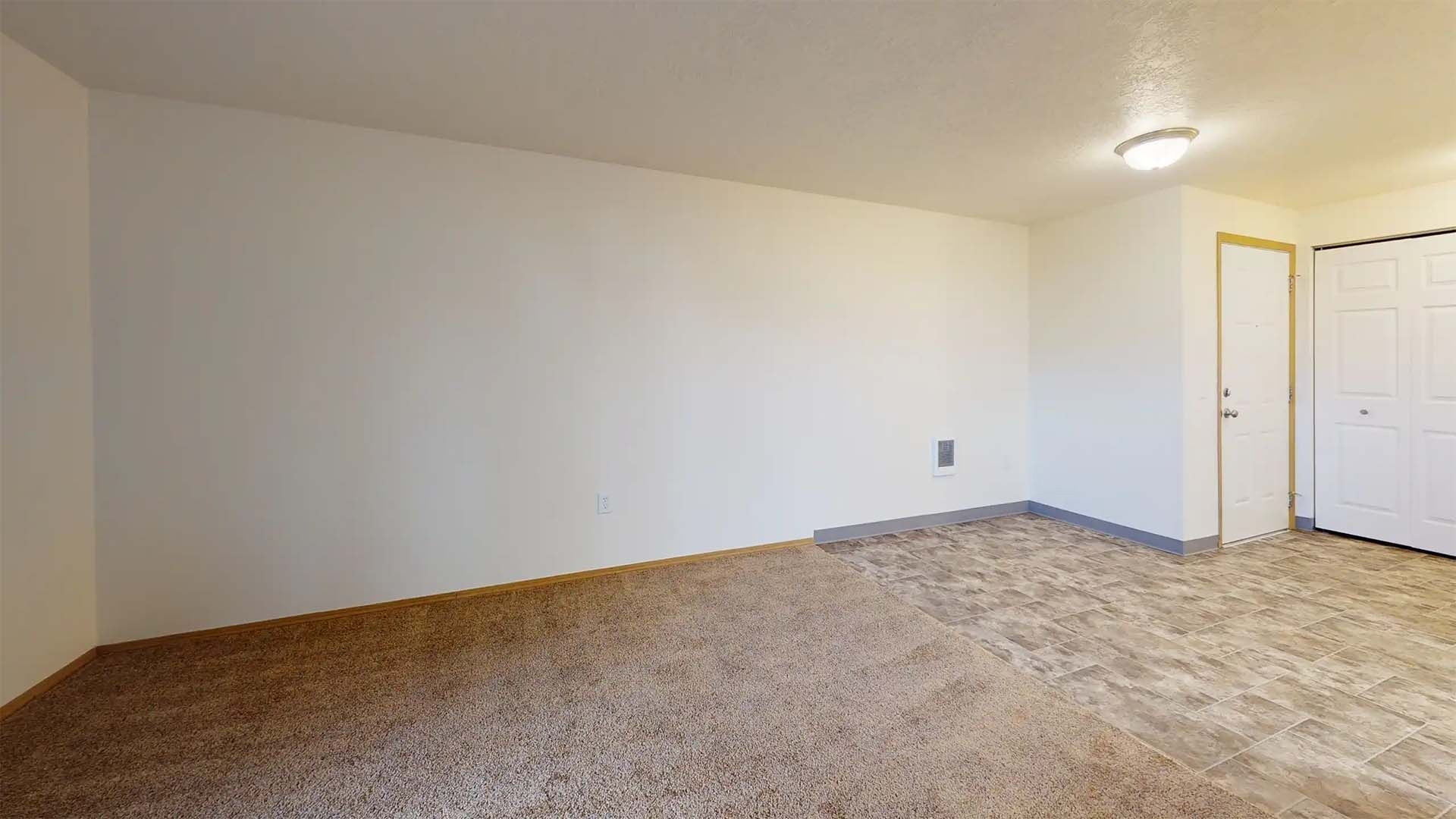 Empty beige carpeted room with white walls, ceiling light, and a door in the corner.