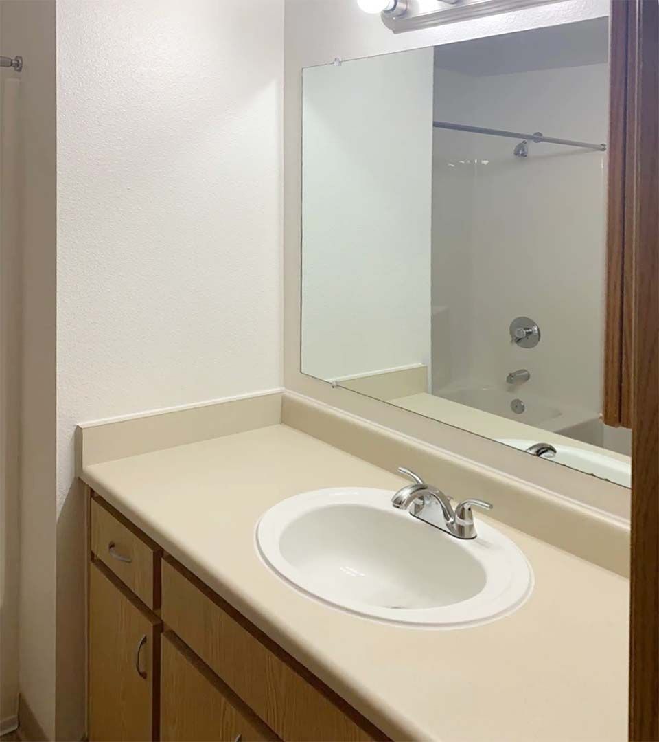 Bathroom vanity with beige countertop, white sink, large mirror, and shower visible in the reflection
