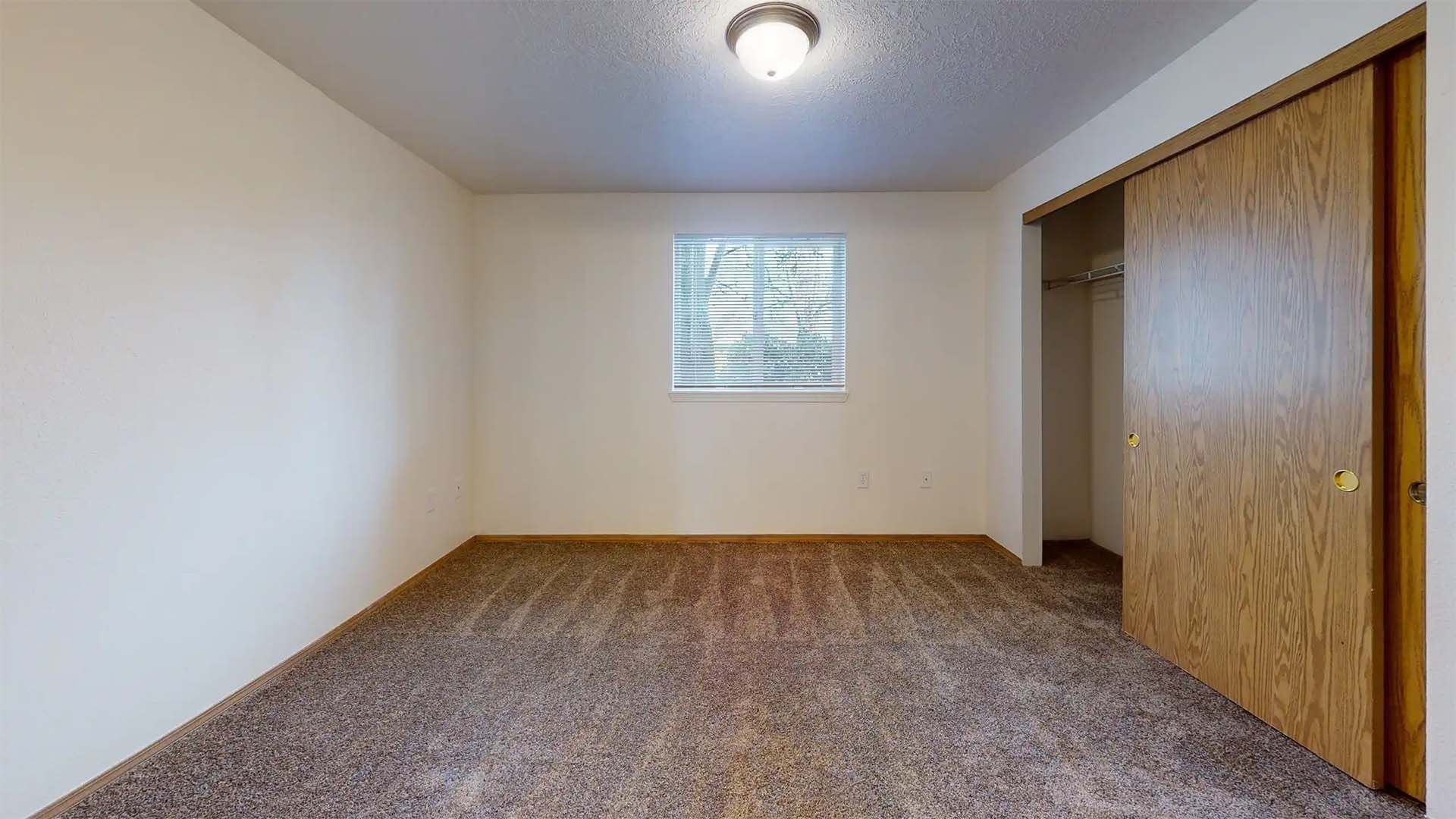 Empty carpeted bedroom with white walls, a small window, ceiling light, and sliding closet doors