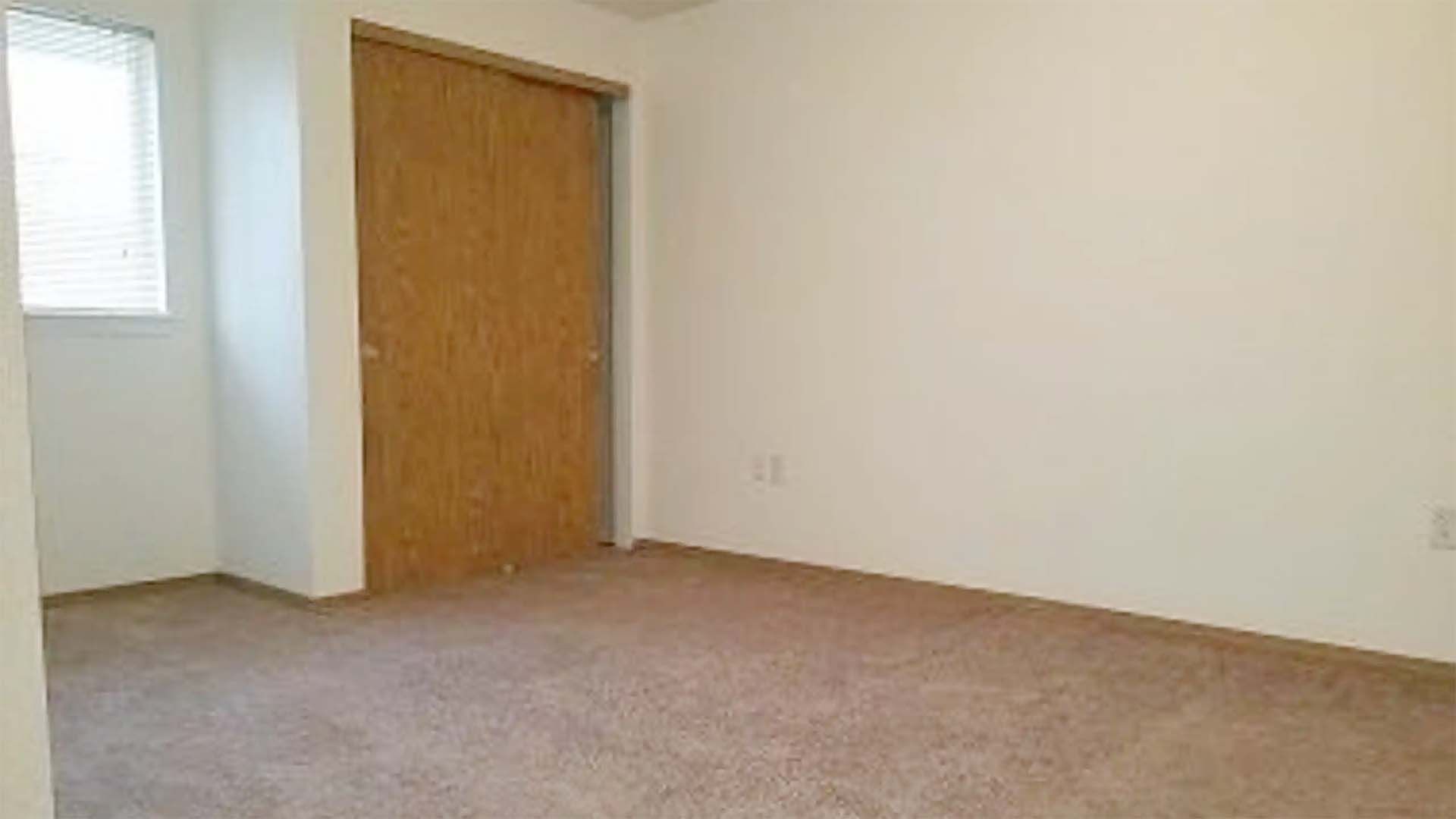 Empty beige bedroom with carpet, white walls, a wooden sliding closet door, and a small window.