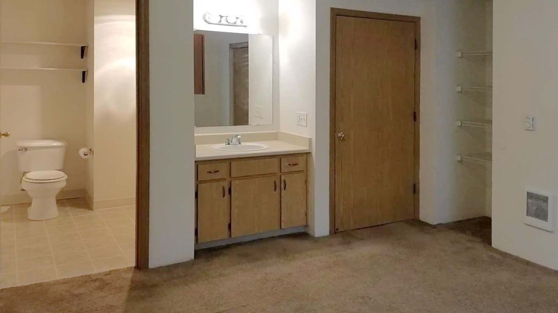 Empty bathroom with a vanity, mirror, toilet, and closed wooden door