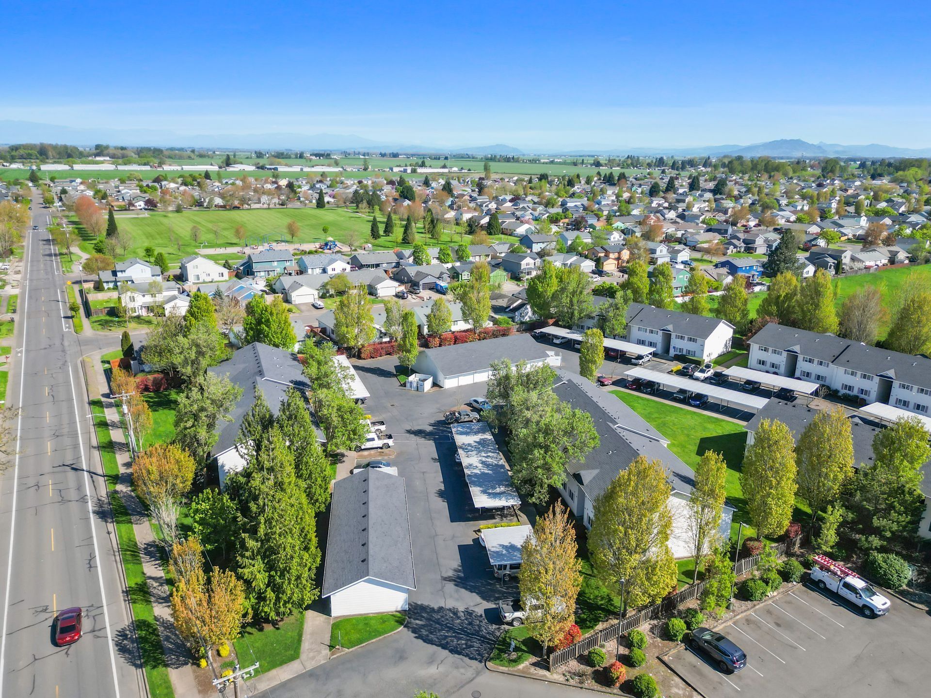 Aerial view of a suburban neighborhood with tree-lined streets, houses, and parked cars under a clear sky