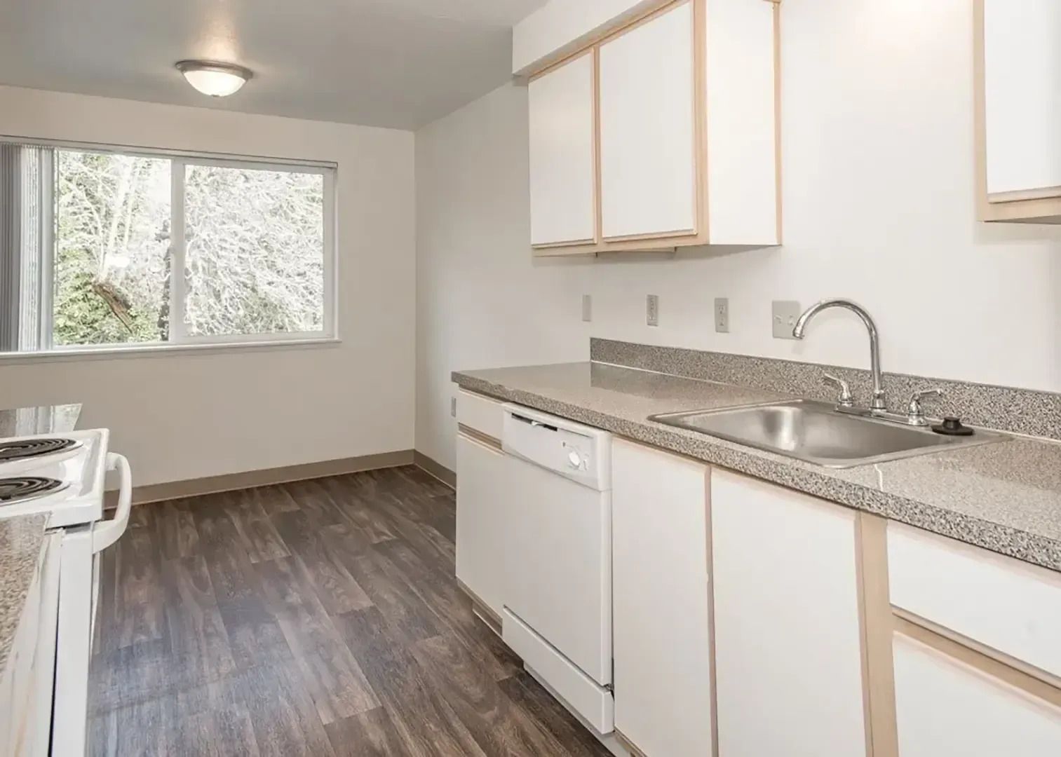 Bright empty kitchen with white cabinets, granite counters, and a windowed dining area.