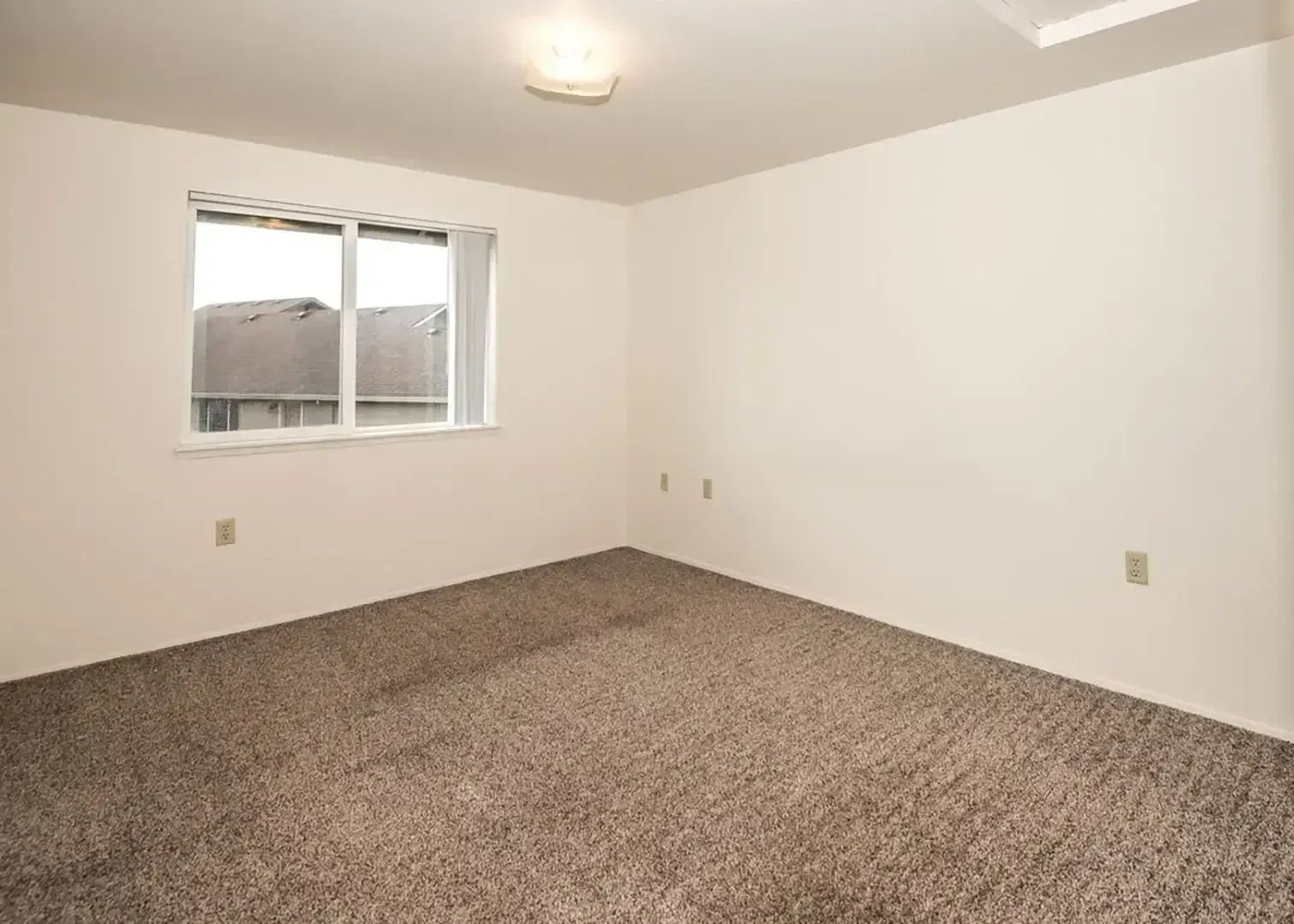 Empty carpeted bedroom with white walls and a window.