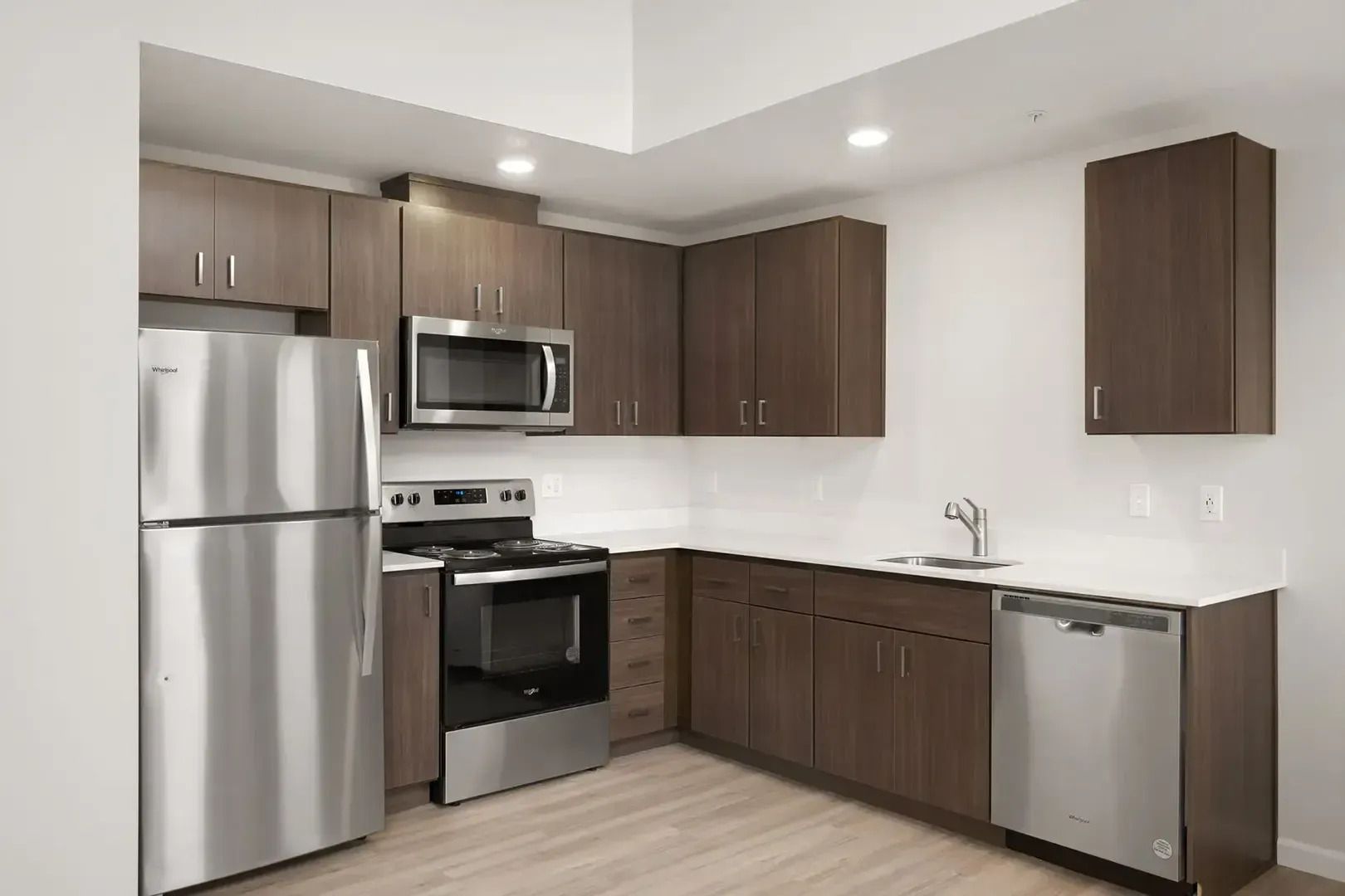 Modern kitchen with stainless steel appliances and dark wood cabinets