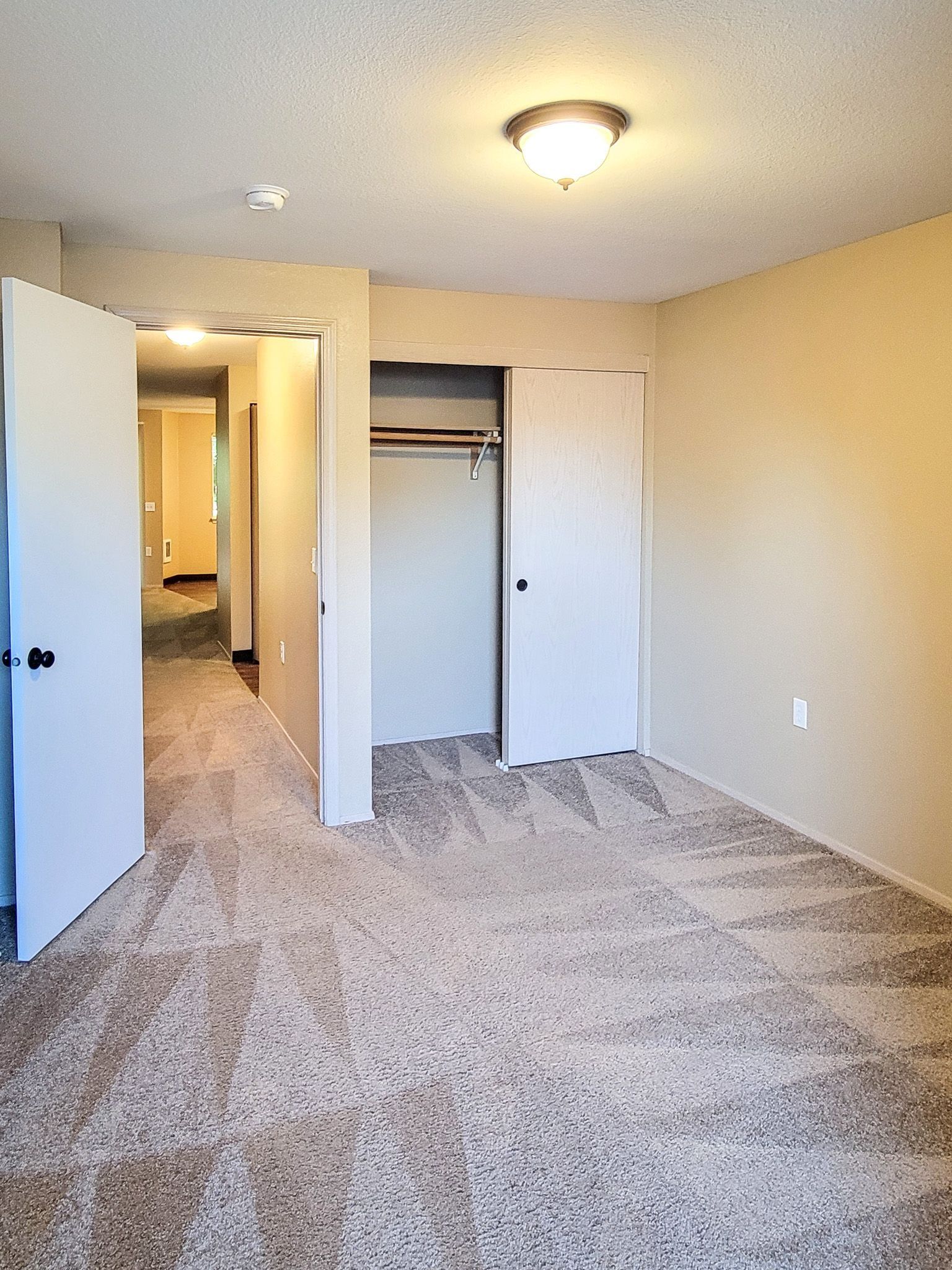 Empty carpeted bedroom with open closet doors, beige walls, and a ceiling light.