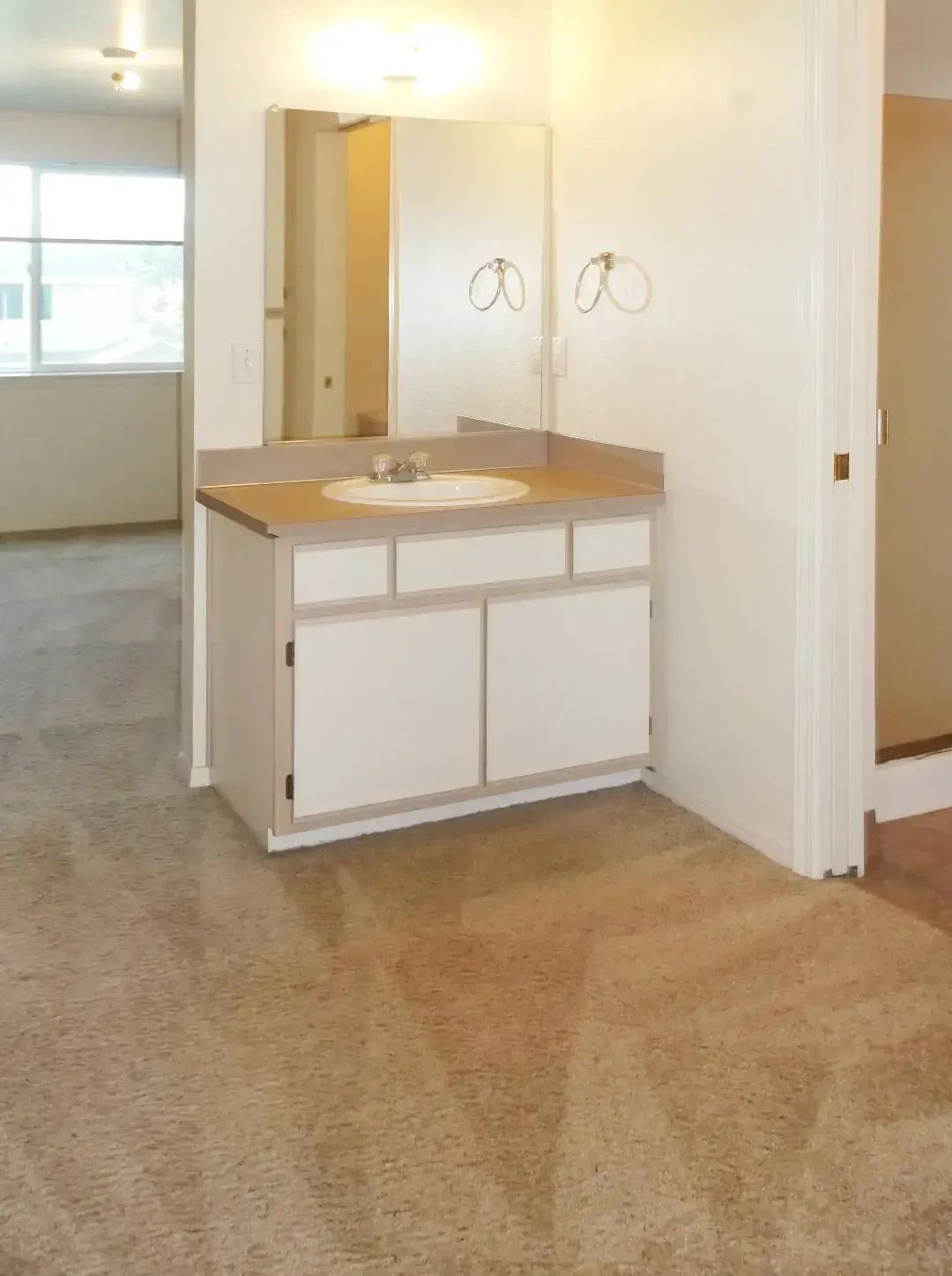 Empty bathroom vanity with mirror and sink in a bright room