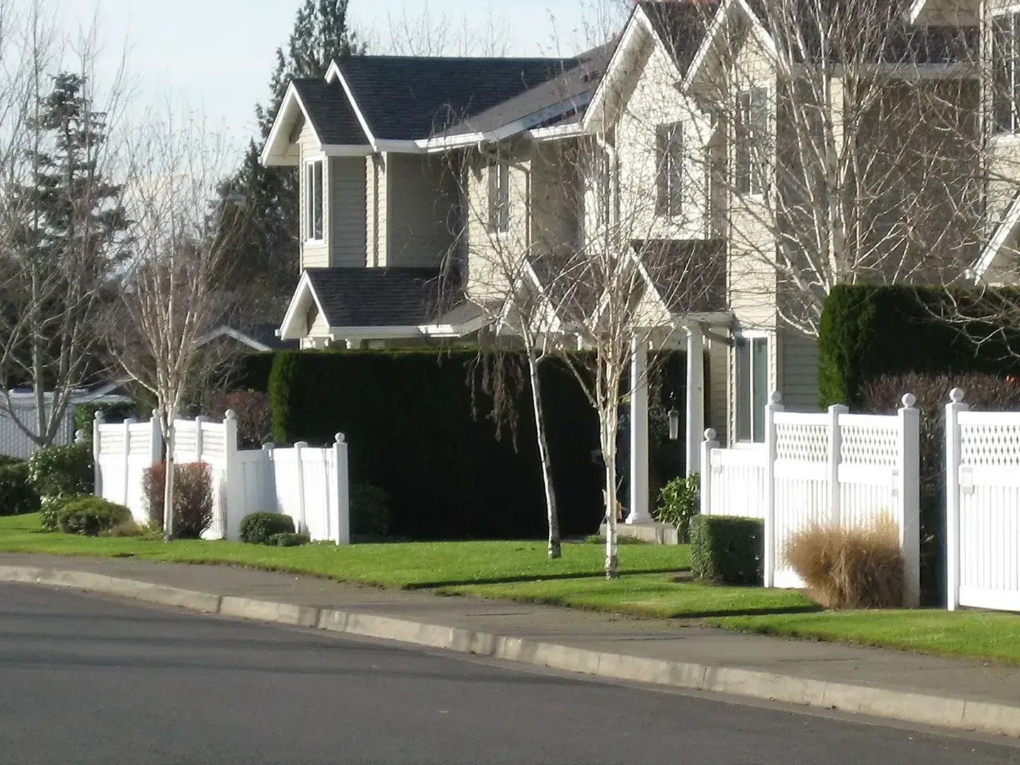 Suburban house with white fences and hedges along a quiet residential street