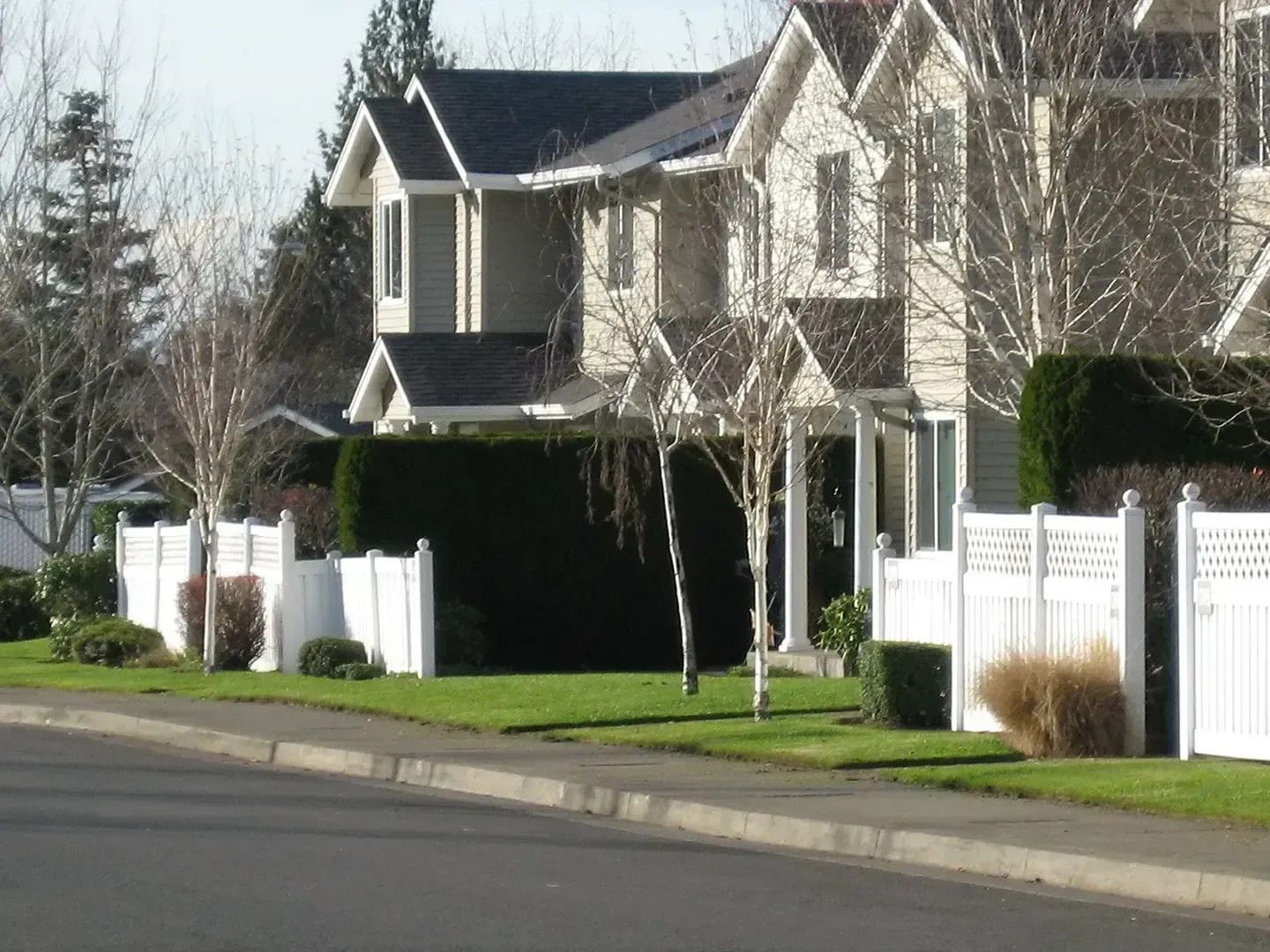 Suburban houses with white fences along a quiet street on a sunny day