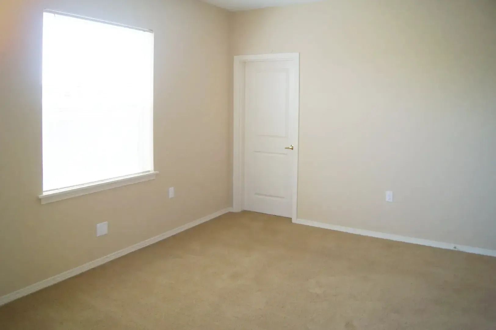 Empty beige bedroom with white door, window, and carpeted floor