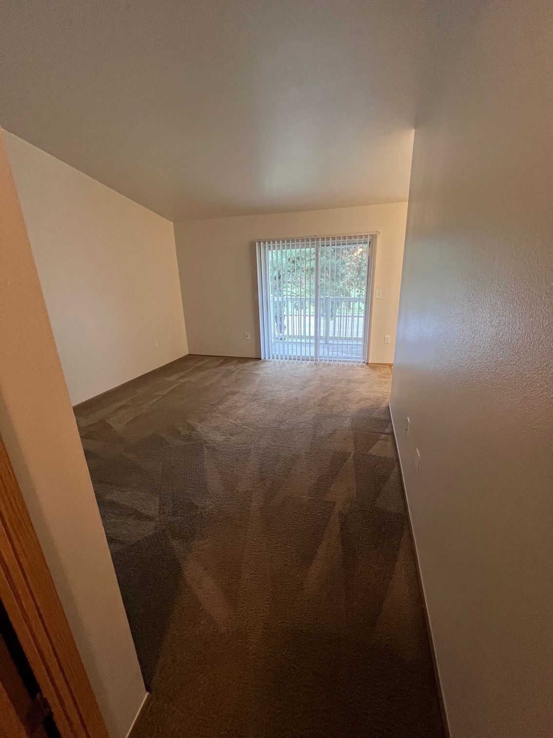 Empty living room with brown carpet and sliding glass doors leading to a balcony.