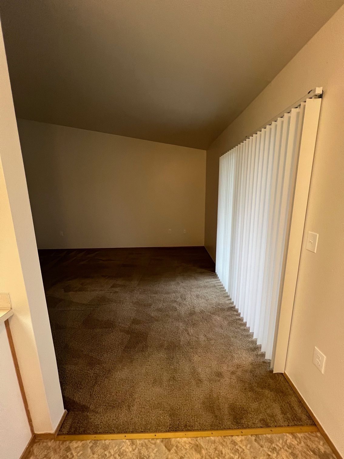 Empty carpeted room with beige walls, sloped ceiling, and a sliding white curtain door.