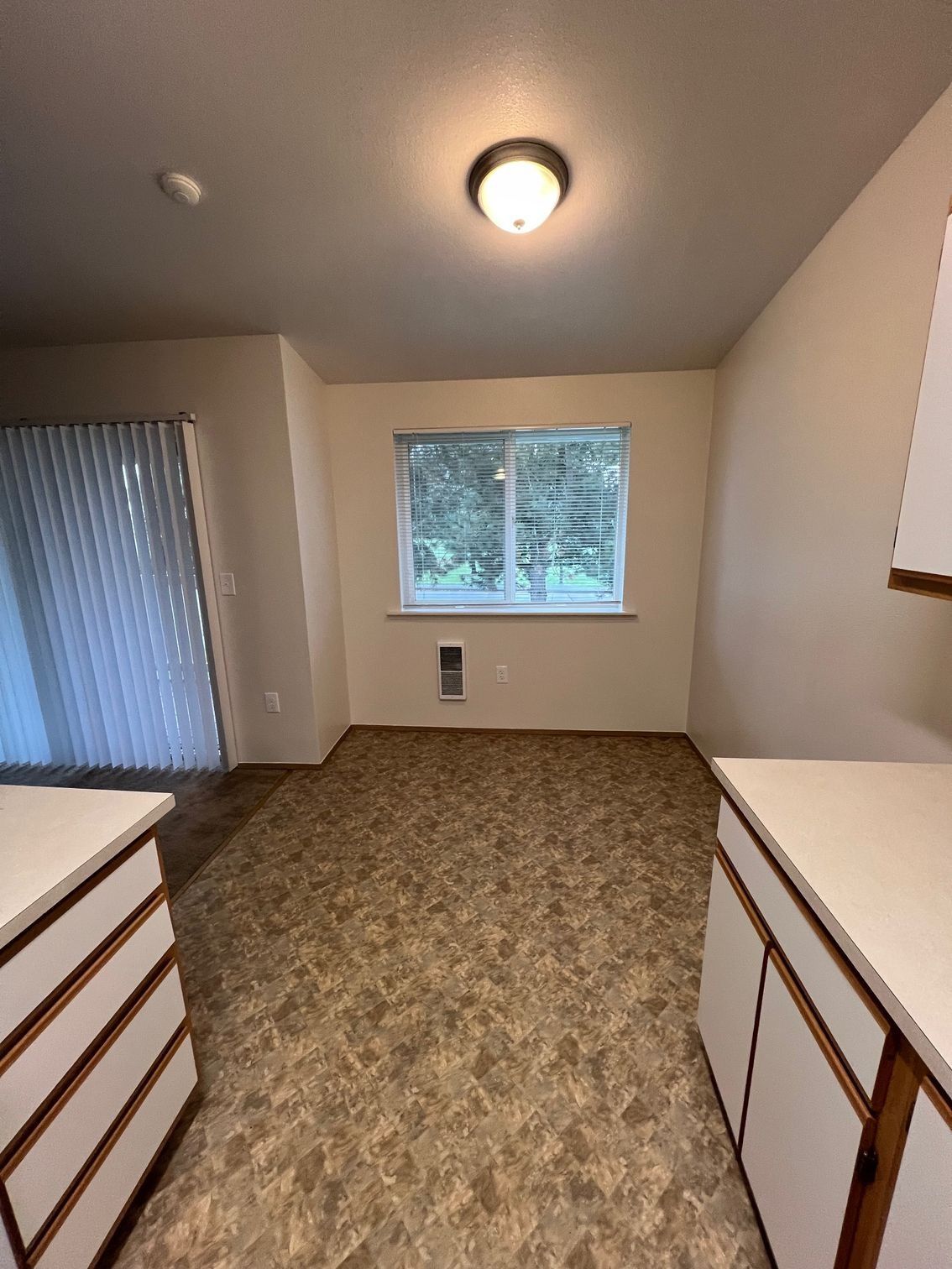 Empty carpeted room with white walls, window, and built-in drawers on both sides.