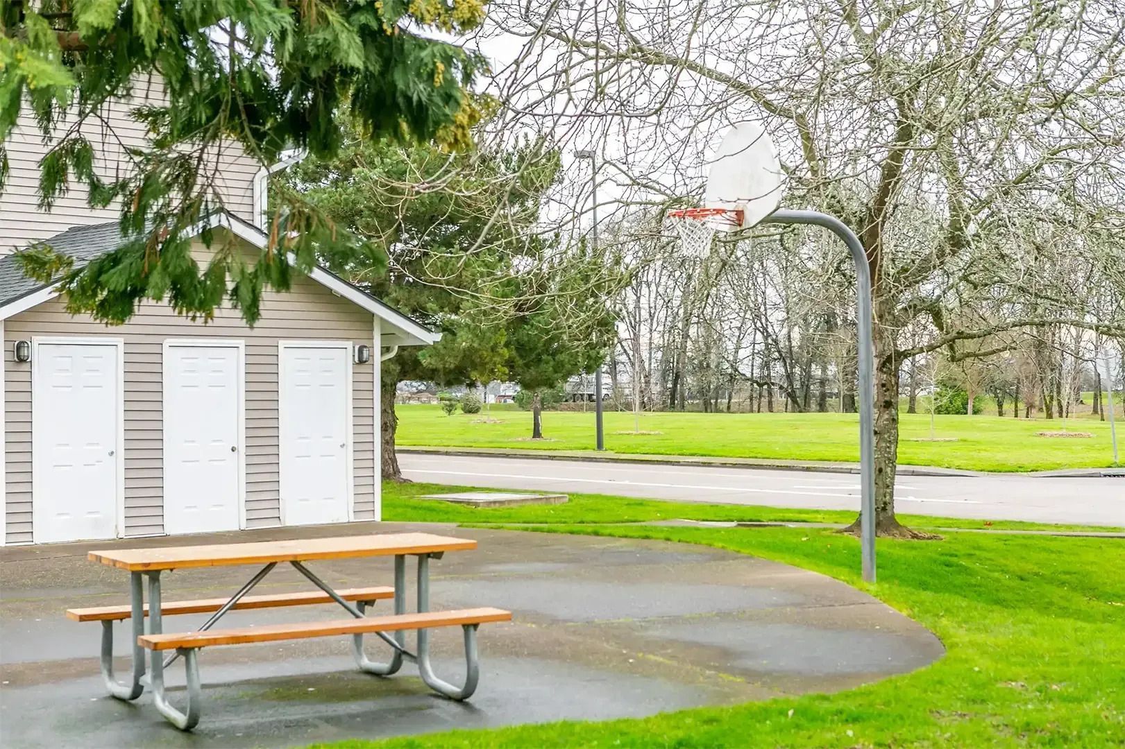 Picnic table beside a small white shed in a wet park with trees and green grass