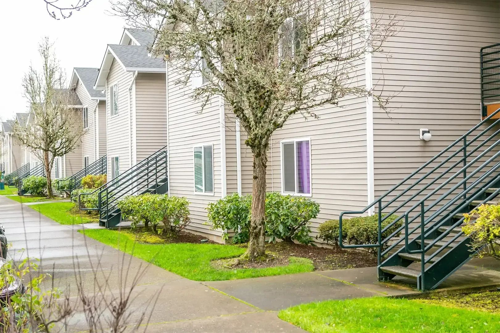 Row of beige apartment buildings with green stairways, trees, and a wet sidewalk on an overcast day