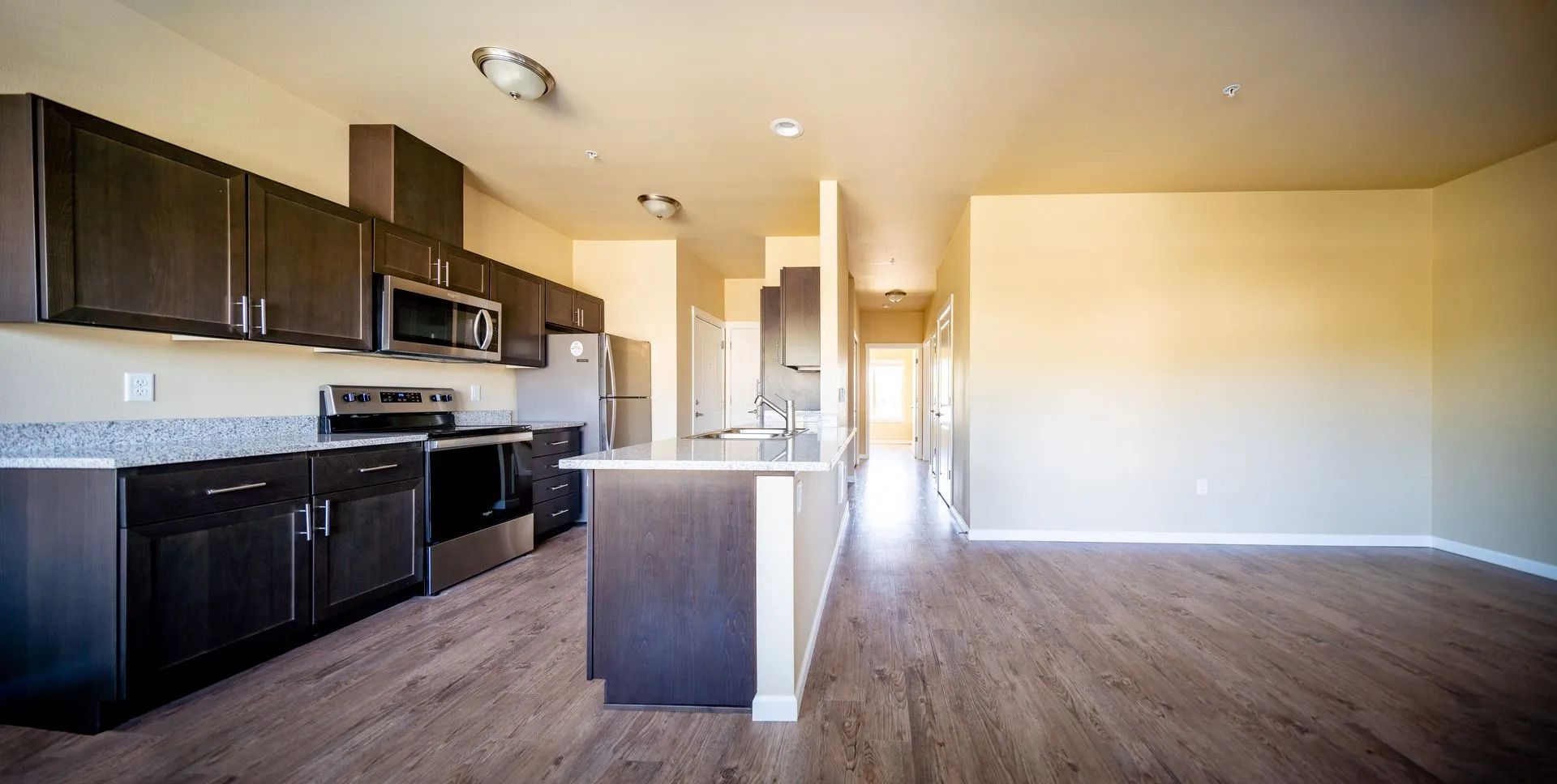 Empty modern kitchen and living area with dark cabinets, light wood floors, and an island.