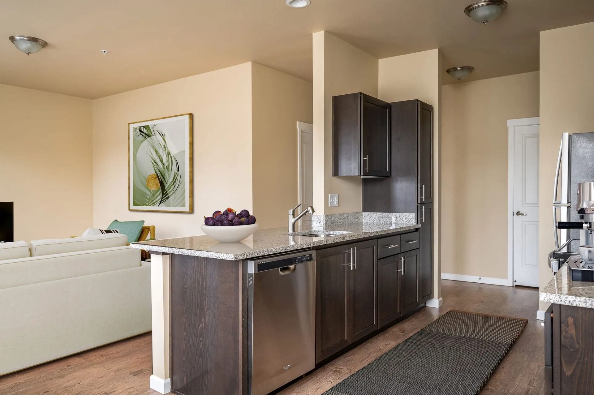 Modern kitchen with dark cabinets, granite island, and white living room couch in an open-plan space