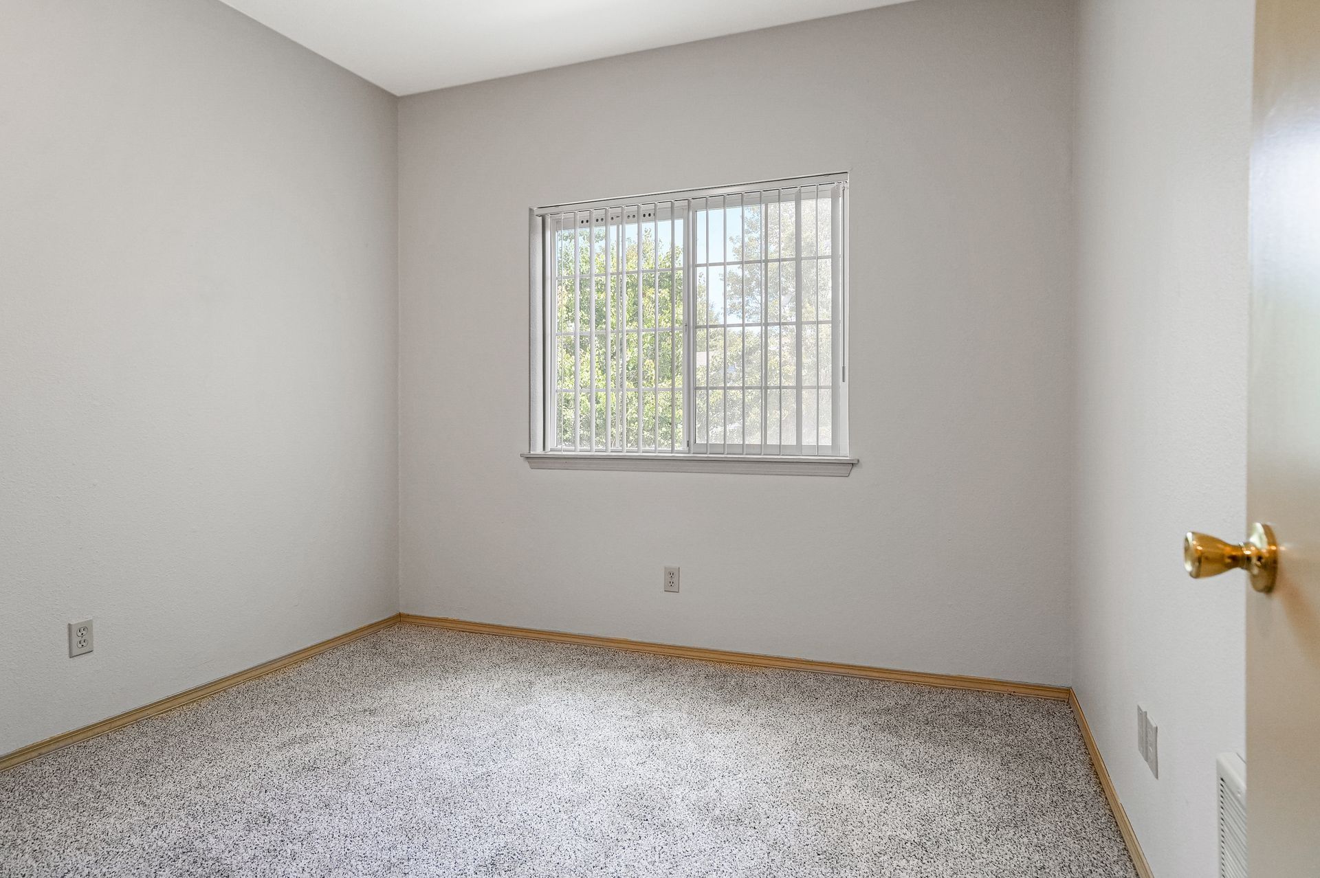 Empty beige bedroom with carpet, a window with blinds, and a white door with a brass knob