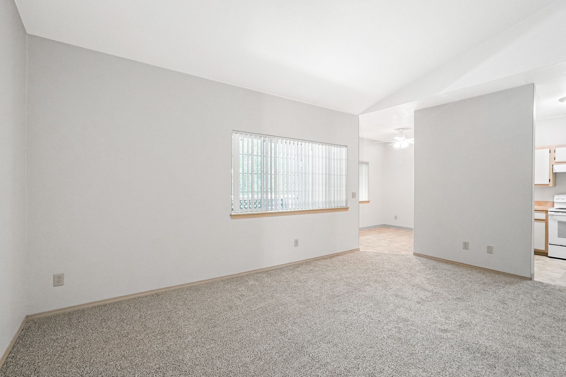 Empty light-gray living room with carpet, window blinds, and an open doorway to a kitchen area