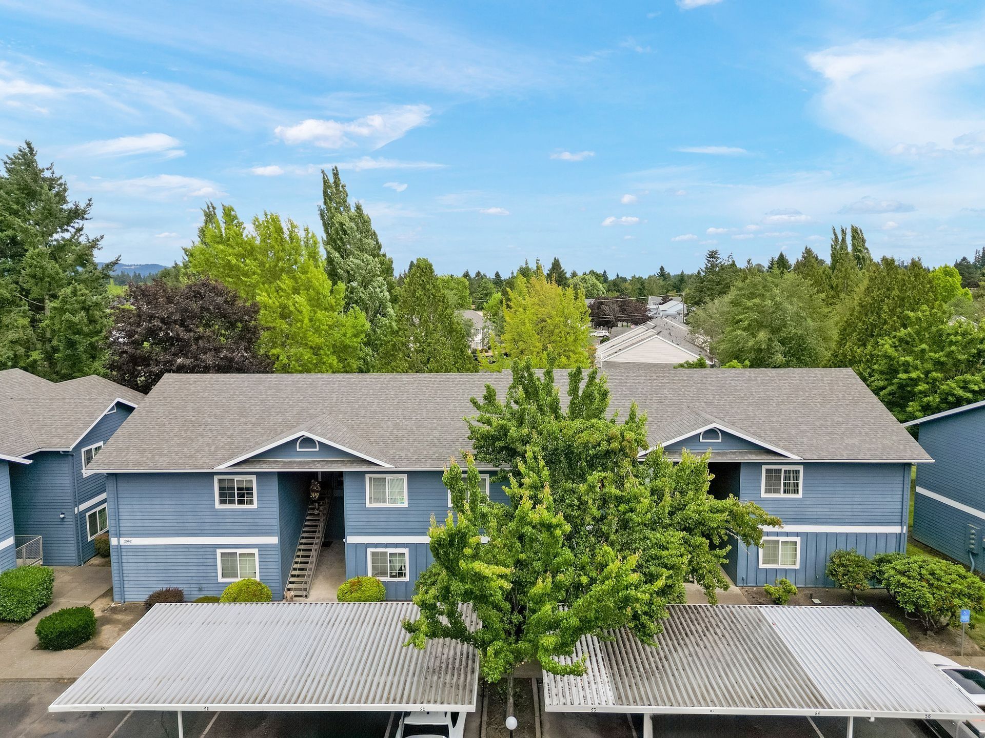 Blue apartment buildings with gray roofs amid green trees under a clear sky