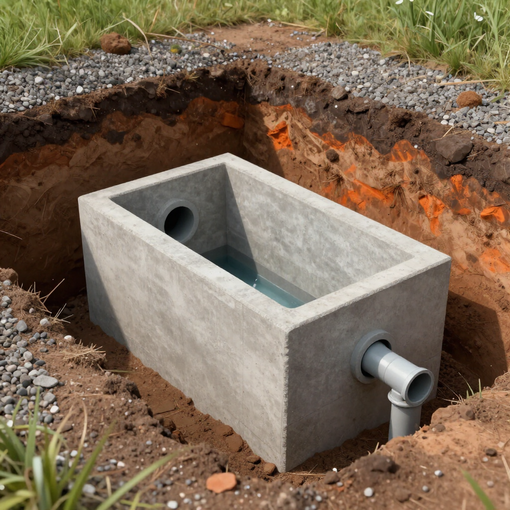 Concrete septic tank installed in a dirt pit with visible inlet and outlet pipes