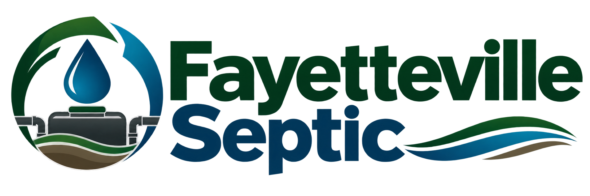 Fayetteville Septic logo with green and blue lettering, water droplet, and septic tank graphic