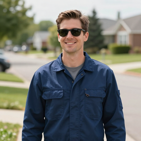 Smiling septic tank pumping professional in sunglasses and blue work shirt standing on a suburban street