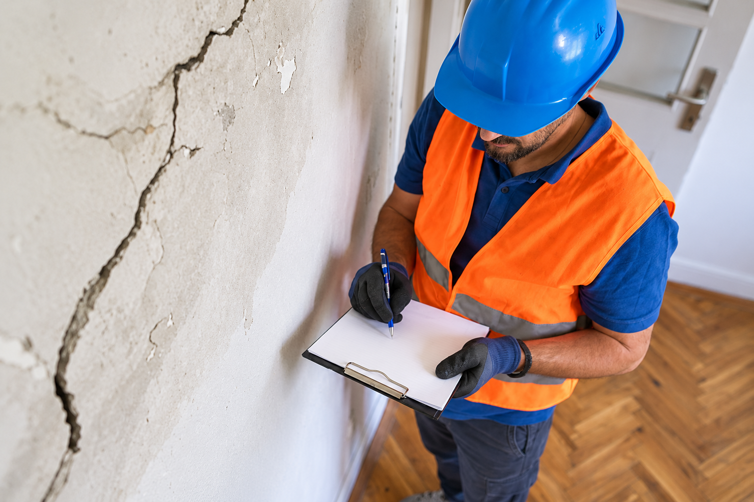 Construction worker in blue hard hat and orange vest inspecting a wall with a clipboard and flashlight