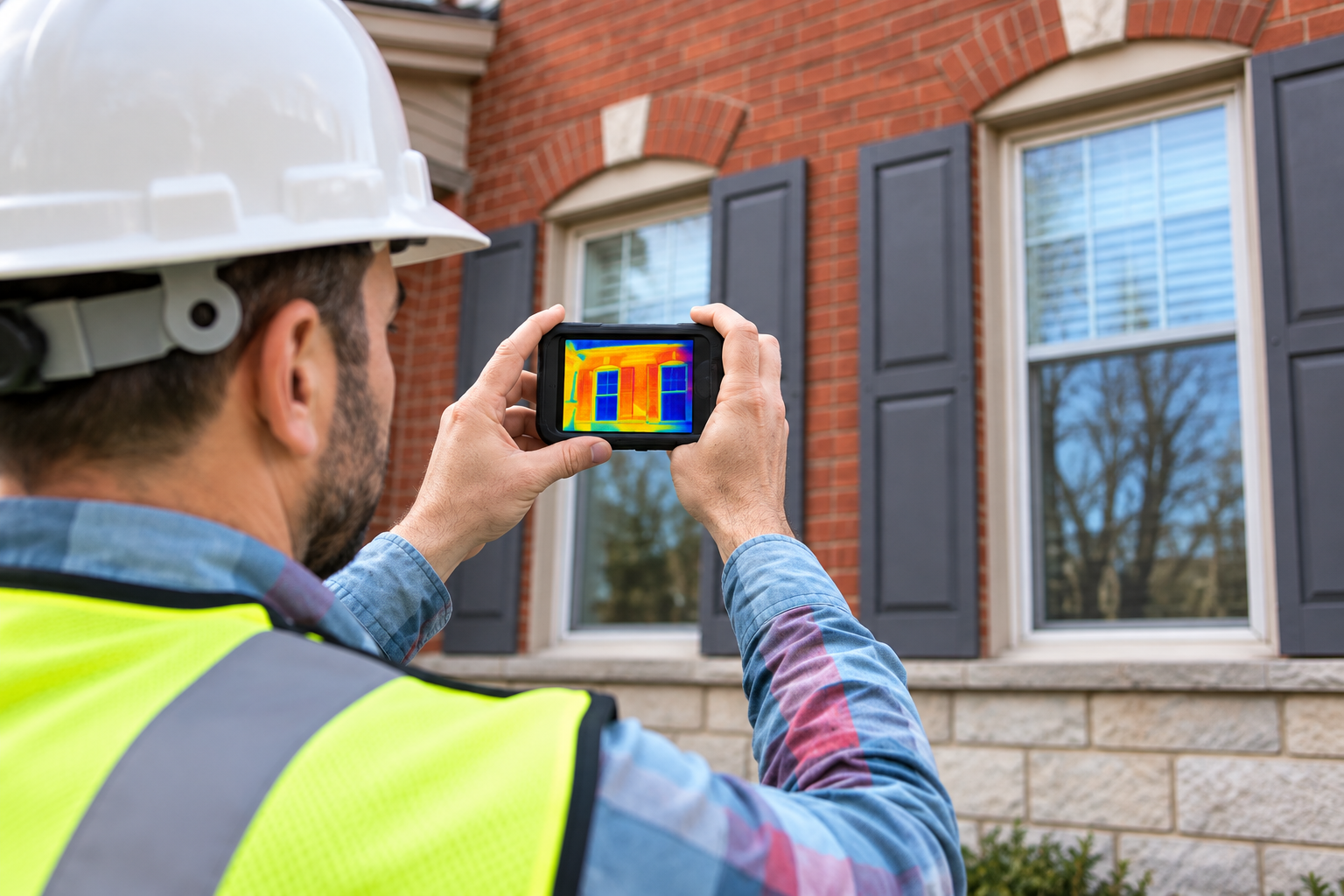 Construction worker using a thermal camera to inspect a brick house exterior with windows and stone siding
