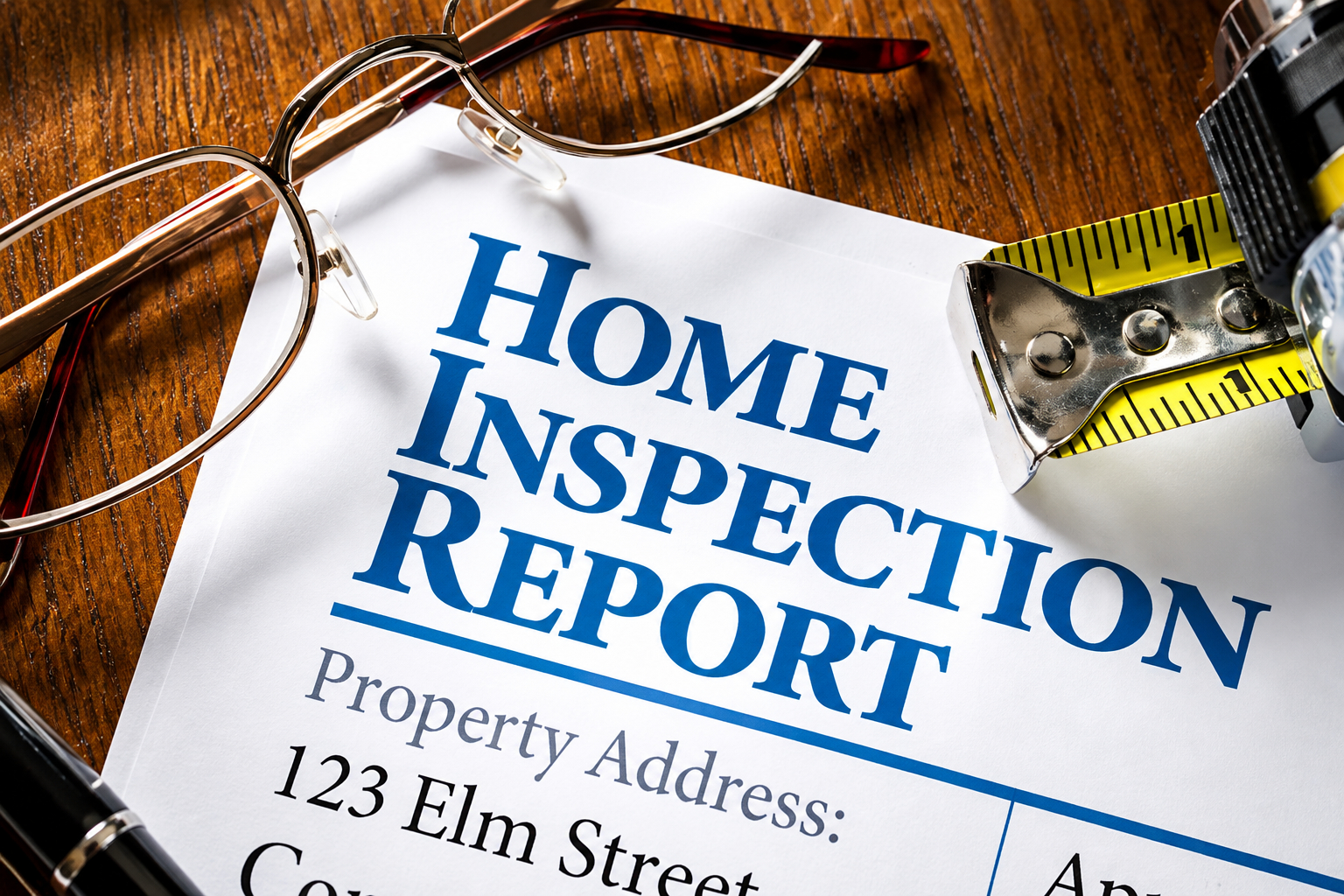 Home inspection report on a desk with glasses, measuring tape, and property details visible